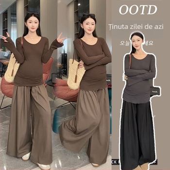 Set de două piese pentru gravide: top cu guler polo, mâneci 3/4, material din bumbac, stil retro literar