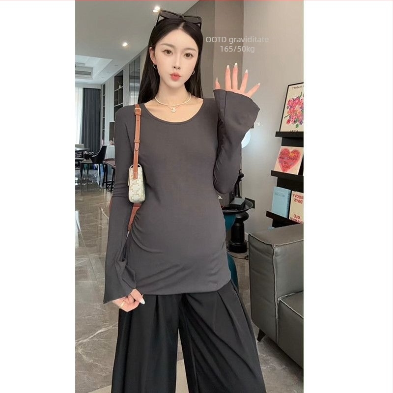 Set de două piese pentru gravide: top cu guler polo, mâneci 3/4, material din bumbac, stil retro literar