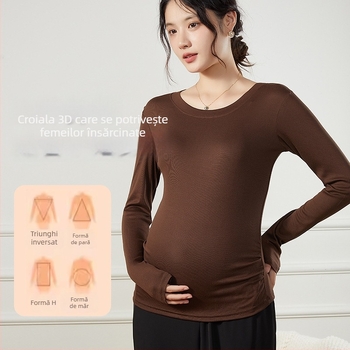 Top de bază matern cu dantelă, material vâscoză, lungime lungă, guler rotund, mâneci 3/4