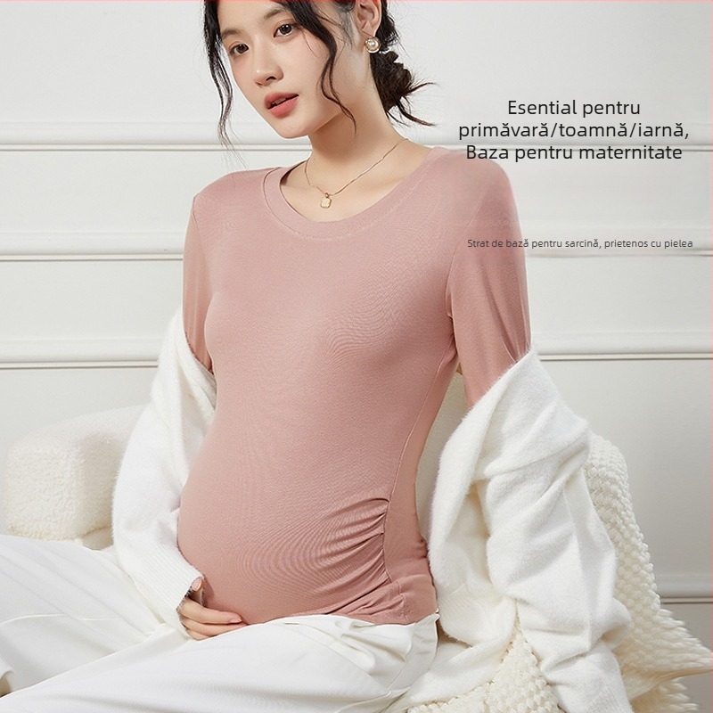 Top de bază matern cu dantelă, material vâscoză, lungime lungă, guler rotund, mâneci 3/4