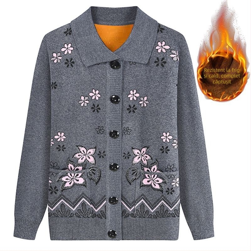 Cardigan tricotat din velur pentru femei, croială lejeră, guler pătrat, mâneci 3/4, jacquard cu motive diamantate și nasturi