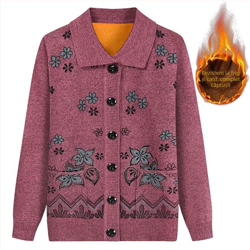 Cardigan tricotat din velur pentru femei, croială lejeră, guler pătrat, mâneci 3/4, jacquard cu motive diamantate și nasturi