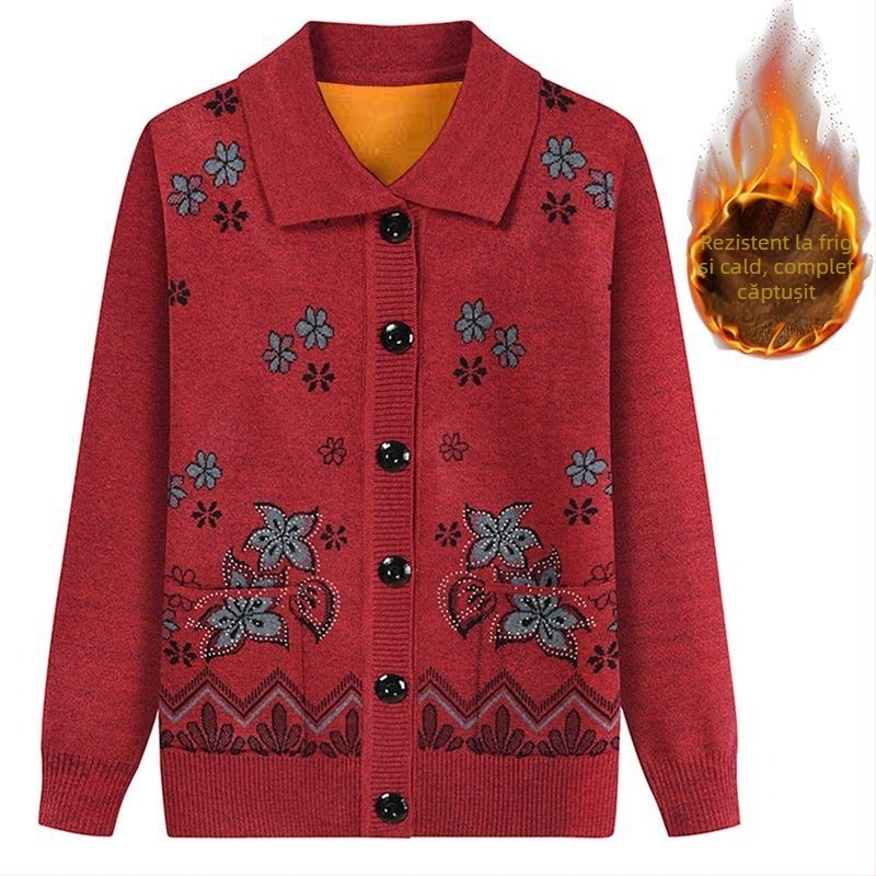 Cardigan tricotat din velur pentru femei, croială lejeră, guler pătrat, mâneci 3/4, jacquard cu motive diamantate și nasturi