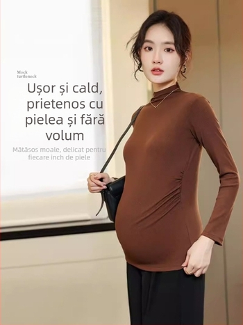 Top maternitate toamnă-iarnă, croială lejeră, mâneci lungi, guler rotund, catifea de cocos, viscoză-spandex, lungime 50–65 cm