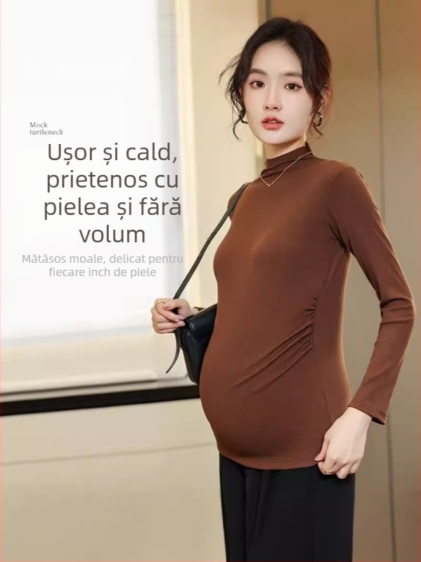 Top maternitate toamnă-iarnă, croială lejeră, mâneci lungi, guler rotund, catifea de cocos, viscoză-spandex, lungime 50–65 cm