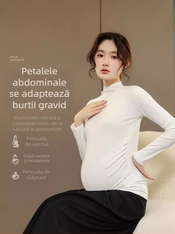 Top maternitate toamnă-iarnă, croială lejeră, mâneci lungi, guler rotund, catifea de cocos, viscoză-spandex, lungime 50–65 cm