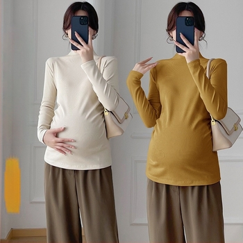 Tricou de bază pentru femei însărcinate – croială slim, mâneci lungi, guler înalt, stil coreean, toamnă-iarnă