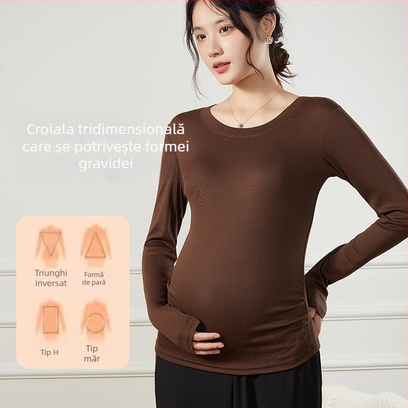 Bluza de maternitate cu mâneci lungi din modal cu elastan, guler rotund, lungime medie