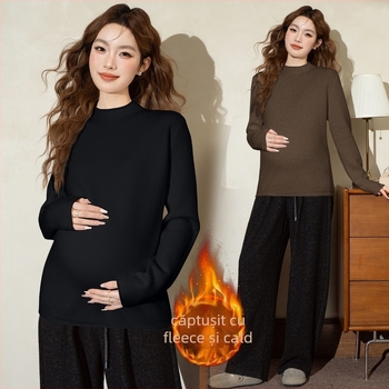 Pulover matern cu căptușeală fleece, gros, croială lejeră, guler semi-turtleneck, mâneci lungi, stil coreean