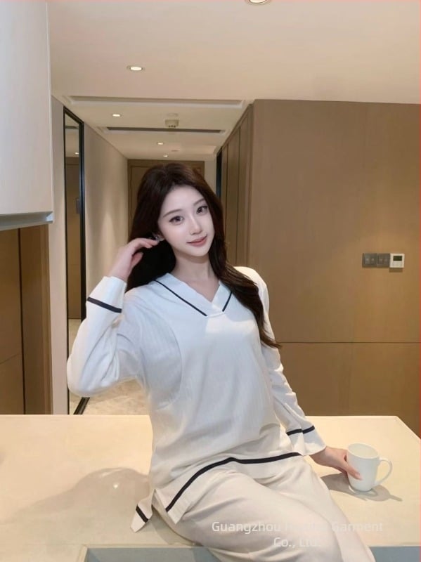 Pijamale pentru maternitate pentru alăptare, mâneci lungi, decolteu în V, culoare solidă, bumbac >95%, cod A2209