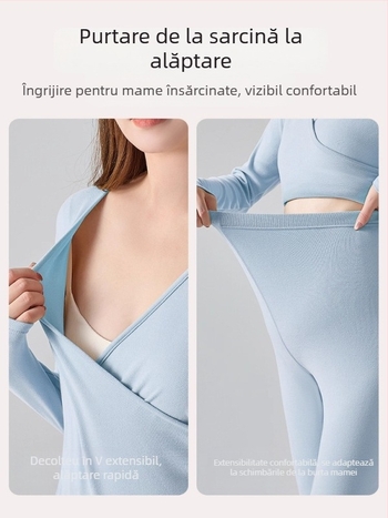 Set maternitate din fleece termic, două piese, cu deschidere pentru alăptare, croială Slim, guler V, mâneci lungi, toamnă-iarnă 2025