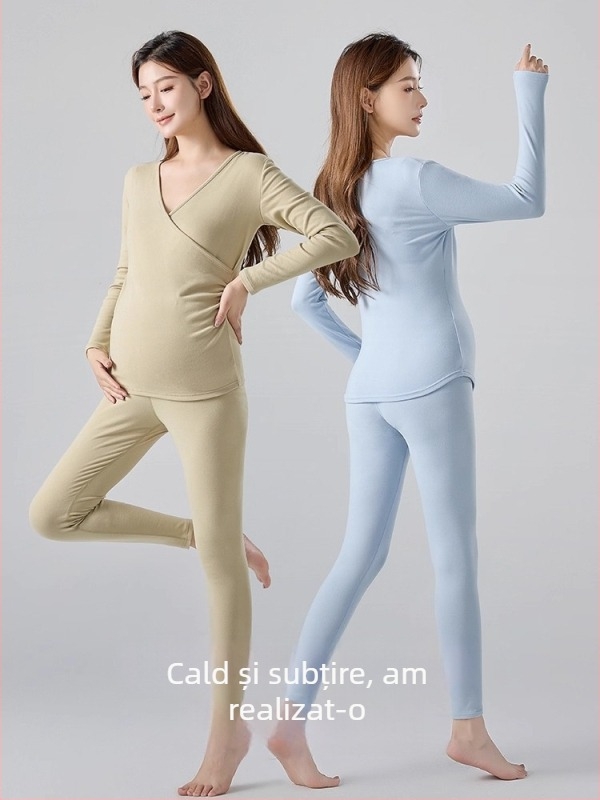 Set maternitate din fleece termic, două piese, cu deschidere pentru alăptare, croială Slim, guler V, mâneci lungi, toamnă-iarnă 2025