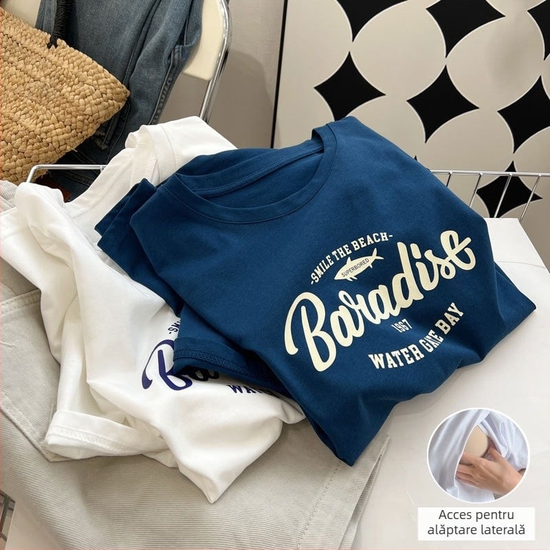 Tricou de alăptare, croială lejeră, bumbac, mâneci scurte, guler rotund