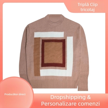 Pulover din cașmir cu jacquard, model geometric, guler rotund, croială lejeră, mâneci lungi