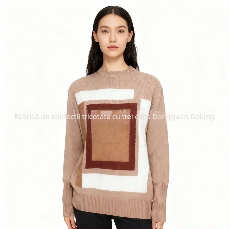 Pulover din cașmir cu jacquard, model geometric, guler rotund, croială lejeră, mâneci lungi