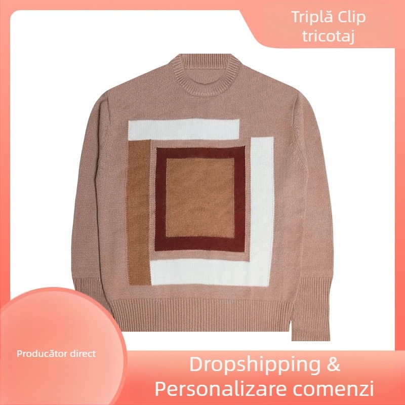 Pulover din cașmir cu jacquard, model geometric, guler rotund, croială lejeră, mâneci lungi