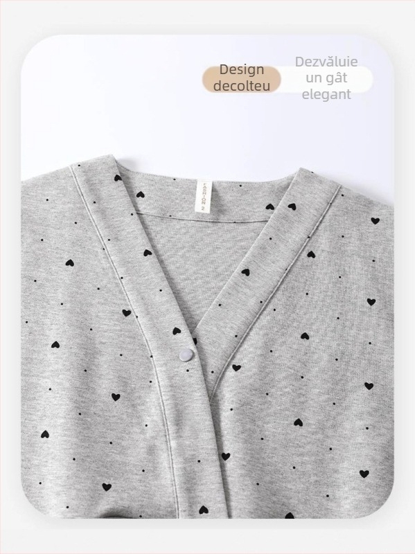 Pijamale de maternitate pentru alăptare, cu pernuțe mamare — set din două piese, mâneci lungi, decolteu în V, imprimeu geometric, bumbac-poliester cu elastan