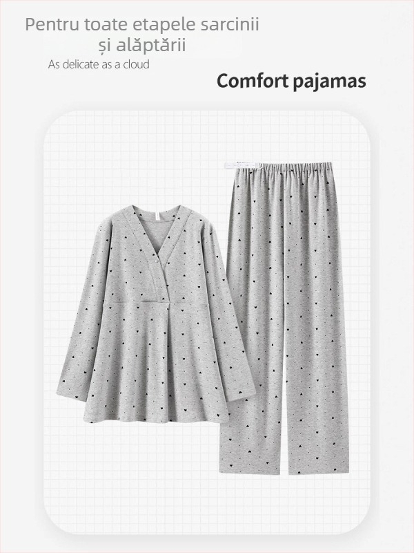 Pijamale de maternitate pentru alăptare, cu pernuțe mamare — set din două piese, mâneci lungi, decolteu în V, imprimeu geometric, bumbac-poliester cu elastan