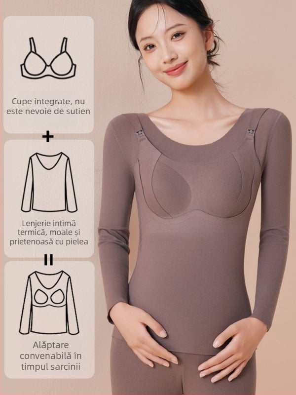 Top de maternitate cu mânecă lungă pentru iarnă, strat de bază postpartum, cu pernuțe pentru sâni