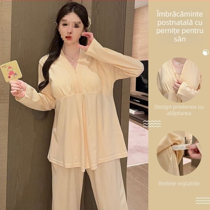 Pijama de maternitate pentru somn, cu perne pentru sân pentru alăptare și sarcină, mâneci lungi, guler polo, material TR de iarnă