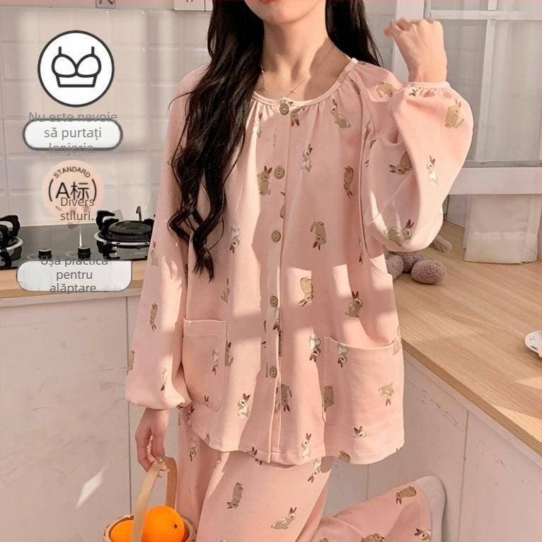 Pijamă de maternitate pentru alăptare cu pernă pentru sân, reglaj al alăptării, postpartum acasă, mâneci lungi, guler Polo