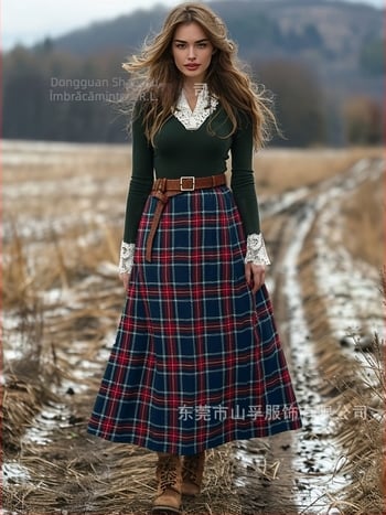 Fustă lungă patchwork în carouri, poliester, stil pastoral literar toamnă-iarnă