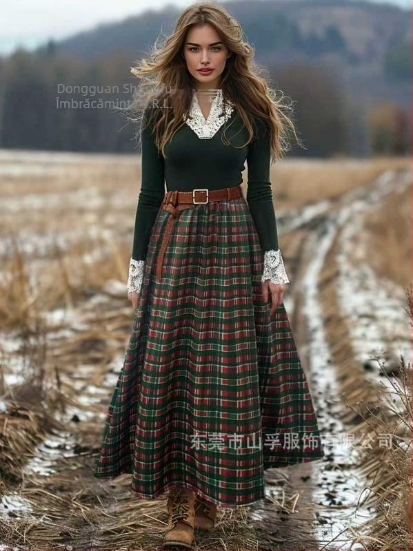 Fustă lungă patchwork în carouri, poliester, stil pastoral literar toamnă-iarnă