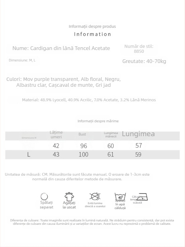 Cardigan din Lyocell, croială lejeră, mâneci lungi, tricot subțire, lungime 50–65 cm, conține Lyocell 30–50% și acrilic 30–50%
