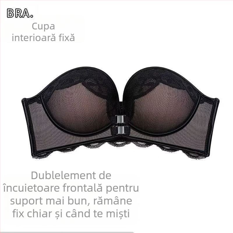 Bustier strapless cu închidere frontală, bretele detașabile, cupă 1/2, dantelă, nylon, fără spate