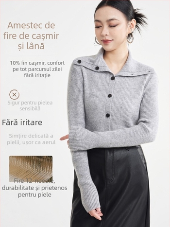 Cardigan damă din amestec de lână cu cașmir, guler rever, mâneci lungi, croială dreaptă, iarna 2025