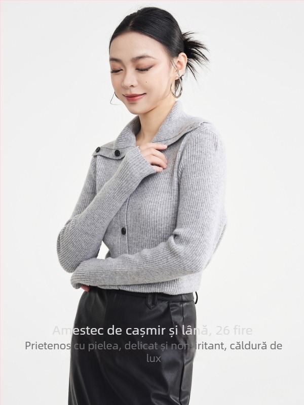 Cardigan damă din amestec de lână cu cașmir, guler rever, mâneci lungi, croială dreaptă, iarna 2025