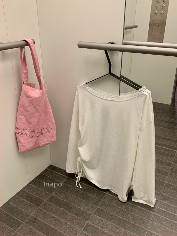 Tricou cu mâneci lungi, croială lejeră, guler înclinat, culoare solidă, stil casual japanez-coreean