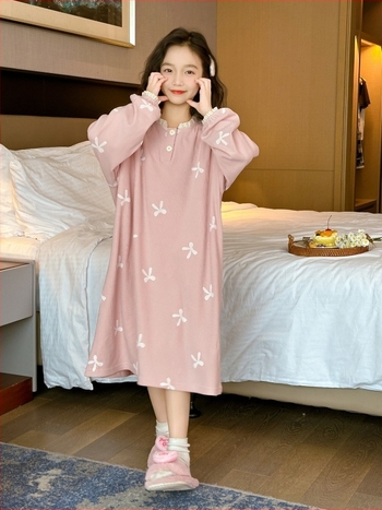 Pijamale de noapte pentru fete cu mâneci lungi, Velur Derong, material gros din poliester 90% + 10% spandex, anti-static și cald, pentru copii peste 8 ani, primăvară/toamnă/iarnă
