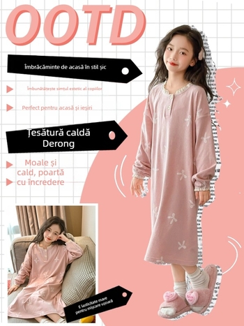 Pijamale de noapte pentru fete cu mâneci lungi, Velur Derong, material gros din poliester 90% + 10% spandex, anti-static și cald, pentru copii peste 8 ani, primăvară/toamnă/iarnă