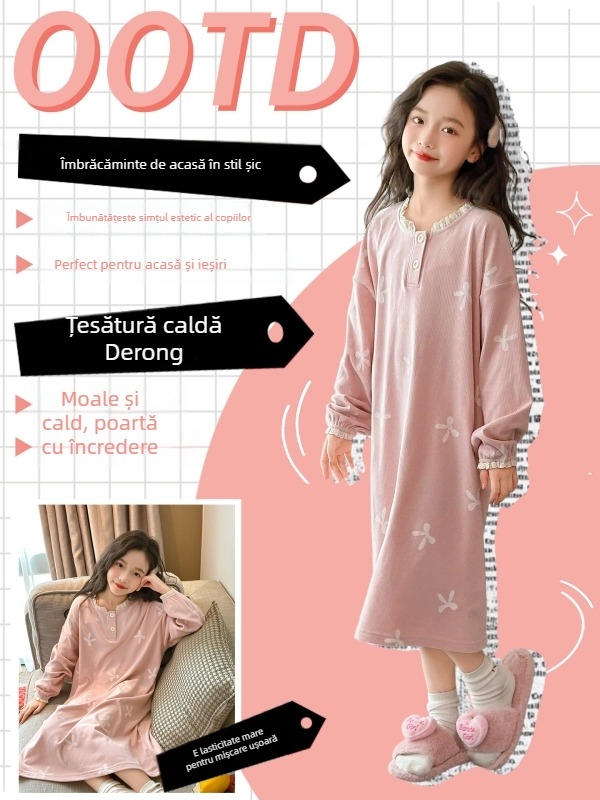 Pijamale de noapte pentru fete cu mâneci lungi, Velur Derong, material gros din poliester 90% + 10% spandex, anti-static și cald, pentru copii peste 8 ani, primăvară/toamnă/iarnă