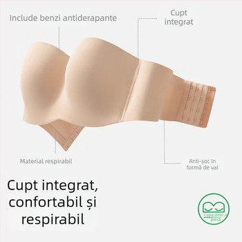 Sutien fără bretele pentru sâni mari, anti-alunecare, cupe subțiri modelate, material nylon, bretele detașabile, închidere la spate cu patru rânduri