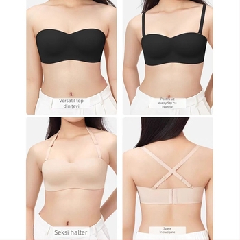 Sutien fără bretele pentru sâni mari, anti-alunecare, cupe subțiri modelate, material nylon, bretele detașabile, închidere la spate cu patru rânduri