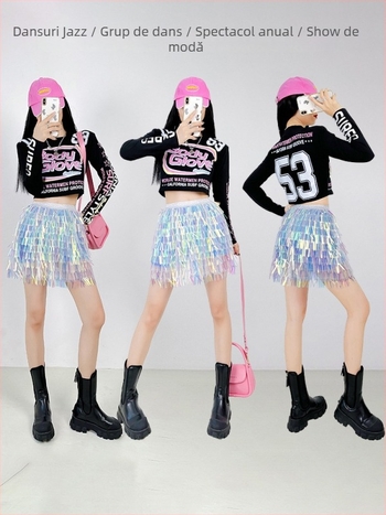 Set de dans: fustă cu mărgele în formă de sirenă și tricou cu umeri cyberpunk, stil stradal coreean; material: bumbac peste 95%, poliester sub 30%; toamnă 2025