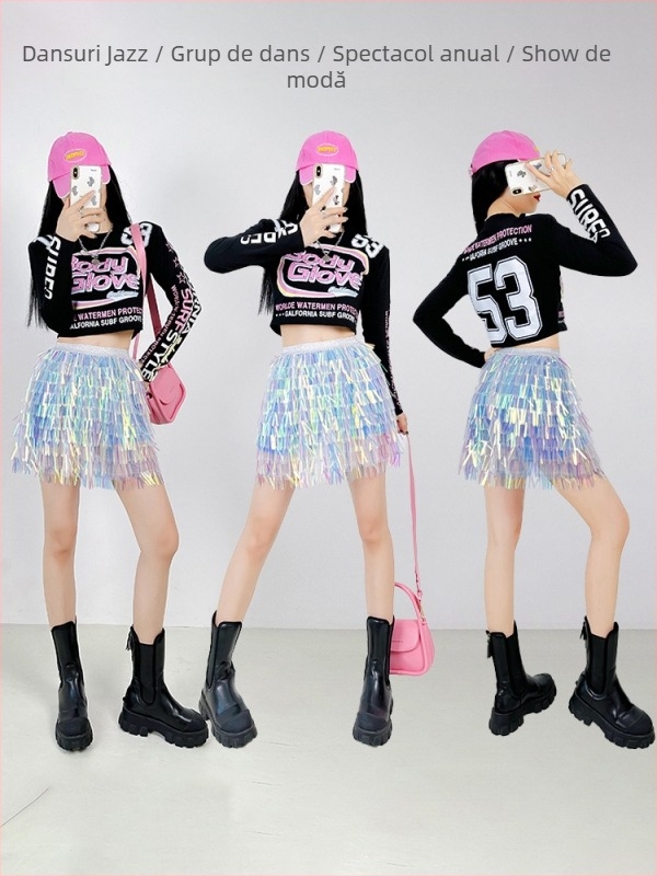 Set de dans: fustă cu mărgele în formă de sirenă și tricou cu umeri cyberpunk, stil stradal coreean; material: bumbac peste 95%, poliester sub 30%; toamnă 2025