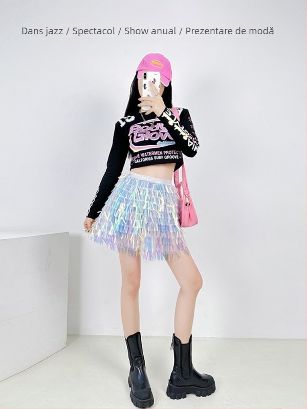 Set de dans: fustă cu mărgele în formă de sirenă și tricou cu umeri cyberpunk, stil stradal coreean; material: bumbac peste 95%, poliester sub 30%; toamnă 2025