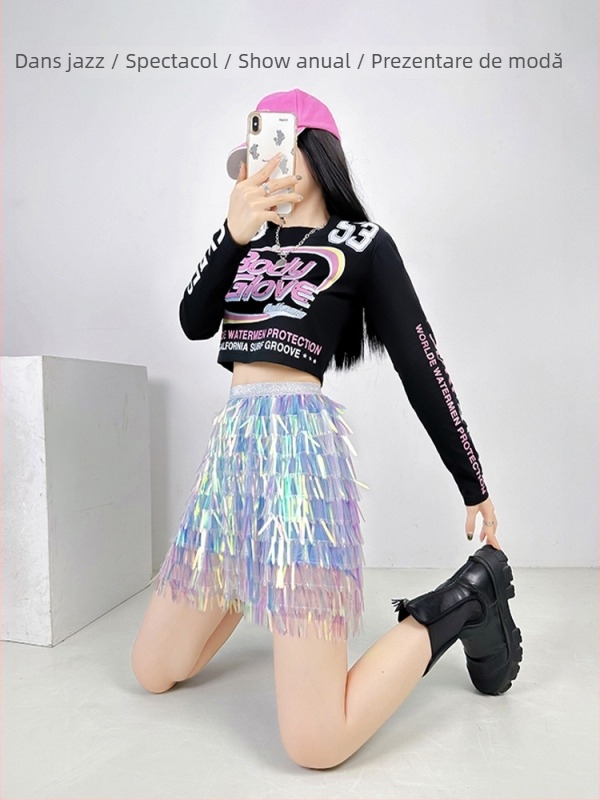 Set de dans: fustă cu mărgele în formă de sirenă și tricou cu umeri cyberpunk, stil stradal coreean; material: bumbac peste 95%, poliester sub 30%; toamnă 2025