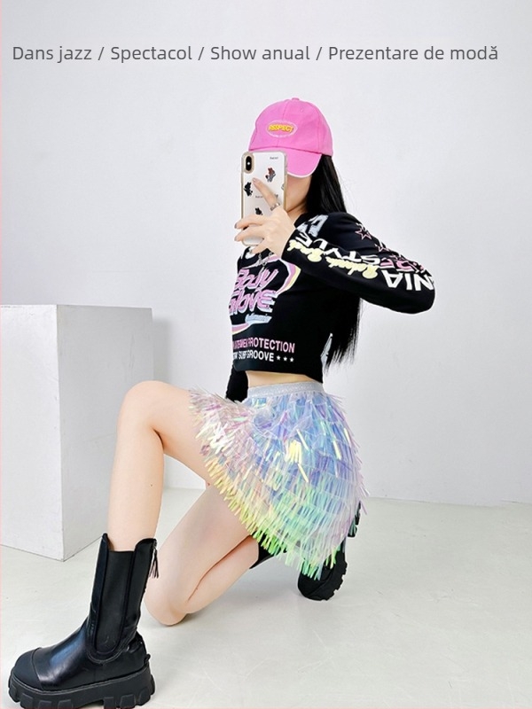 Set de dans: fustă cu mărgele în formă de sirenă și tricou cu umeri cyberpunk, stil stradal coreean; material: bumbac peste 95%, poliester sub 30%; toamnă 2025