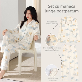 Pijamale de maternitate cu deschidere laterală discretă — 100% bumbac, mâneci lungi, pantaloni, îmbrăcăminte de casă toamnă-iarnă