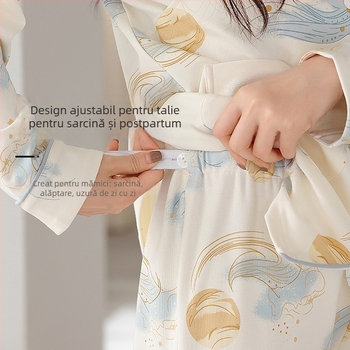 Pijamale de maternitate cu deschidere laterală discretă — 100% bumbac, mâneci lungi, pantaloni, îmbrăcăminte de casă toamnă-iarnă