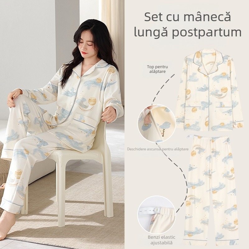 Pijamale de maternitate cu deschidere laterală discretă — 100% bumbac, mâneci lungi, pantaloni, îmbrăcăminte de casă toamnă-iarnă