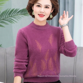 Pulover de damă din velur de nurcă și amestec de lână, croială lejeră, guler pe jumătate înalt, mâneci lungi, model floral