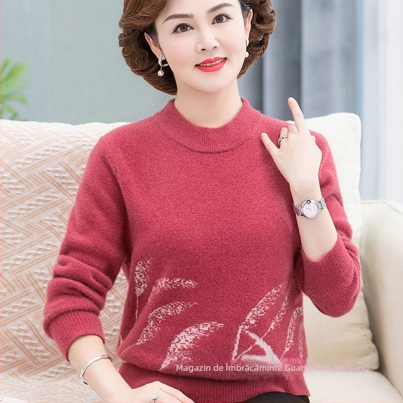 Pulover de damă din velur de nurcă și amestec de lână, croială lejeră, guler pe jumătate înalt, mâneci lungi, model floral