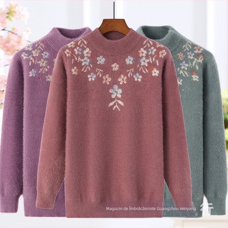 Pulover de damă din velur de nurcă și amestec de lână, croială lejeră, guler pe jumătate înalt, mâneci lungi, model floral