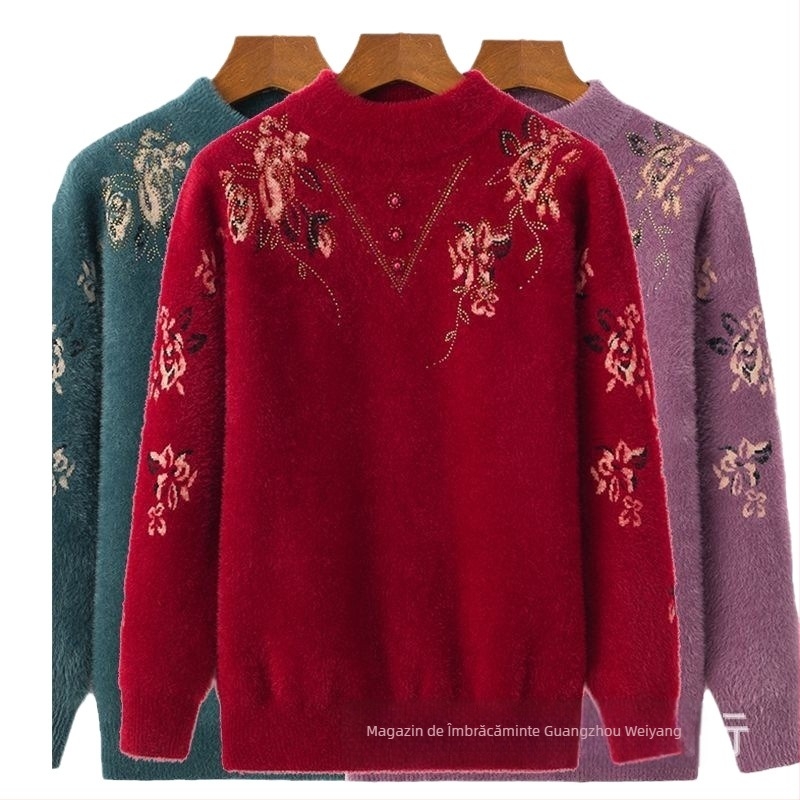 Pulover de damă din velur de nurcă și amestec de lână, croială lejeră, guler pe jumătate înalt, mâneci lungi, model floral