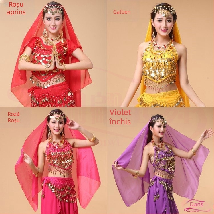 Accesoriu pentru dansul belly dance cu monede atârnate, eșarfă chiffon, țesătură din poliester